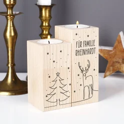 2er Set Teelichthalter aus Holz mit Wunschtext und weihnachtlichem Lineart Motiv bedruckt