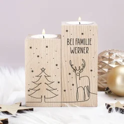 2er Set Teelichthalter aus Holz mit Wunschtext und weihnachtlichem Lineart Motiv bedruckt
