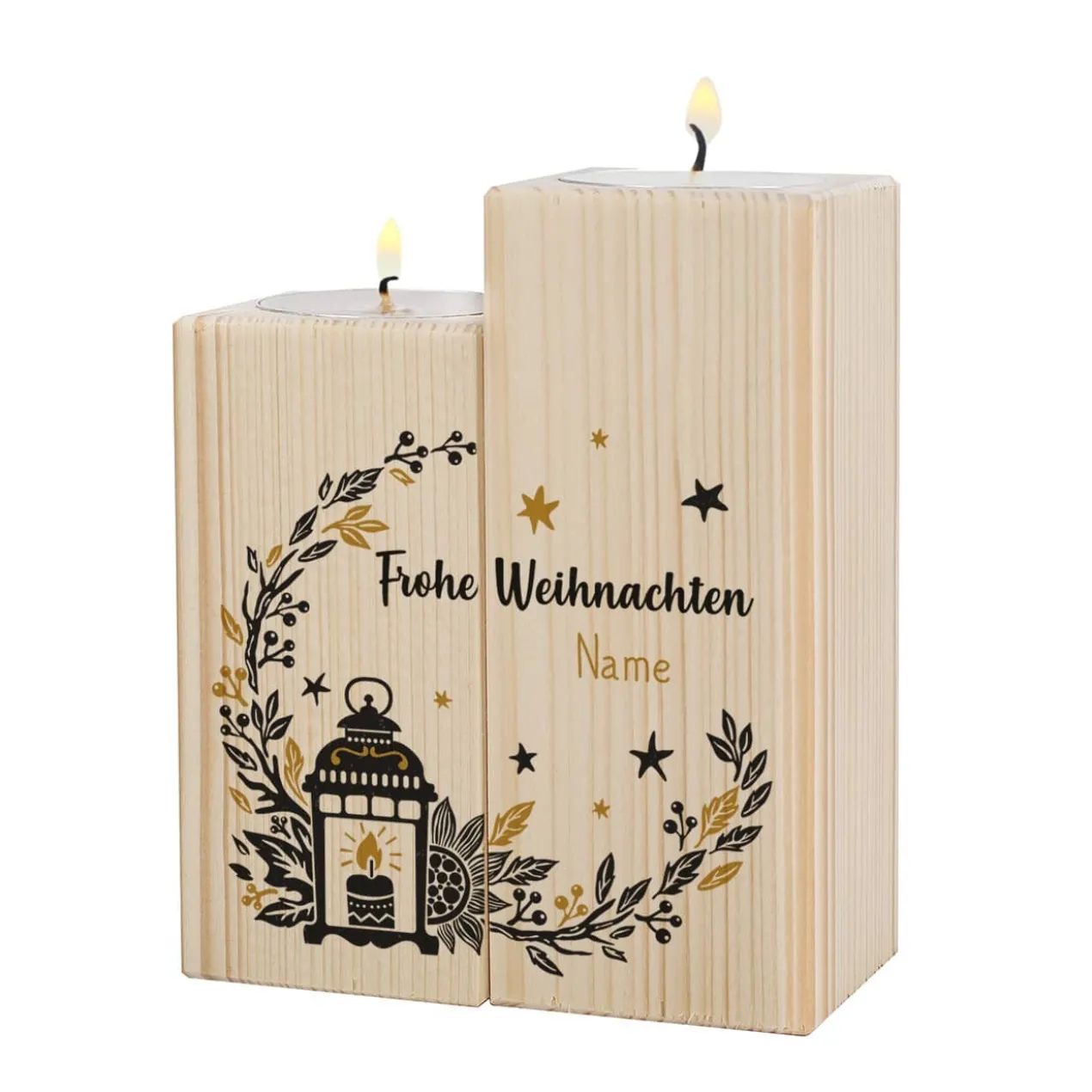 2er Set Teelichthalter aus Holz - Frohe Weihnachten - mit Name