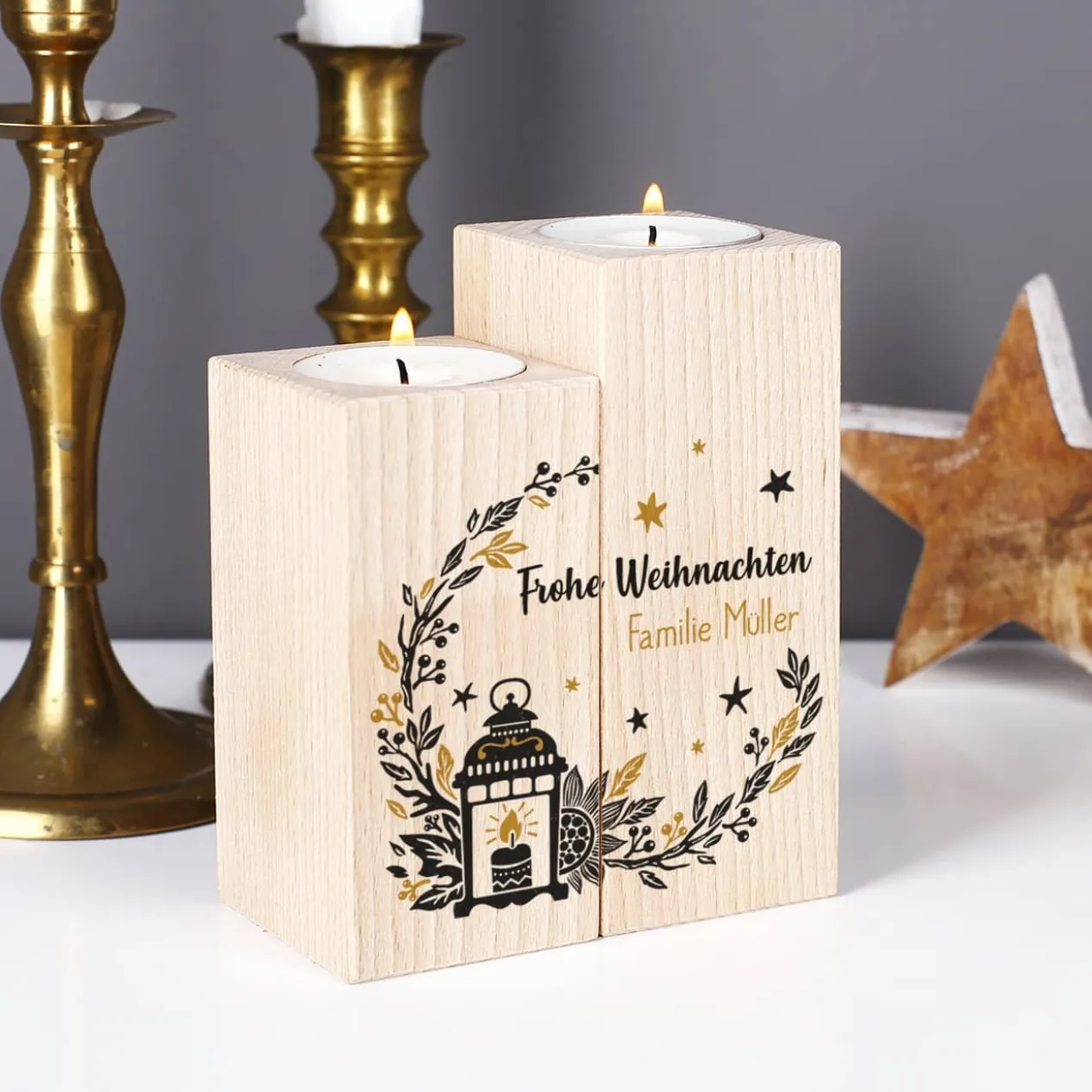 2er Set Teelichthalter aus Holz - Frohe Weihnachten - mit Name