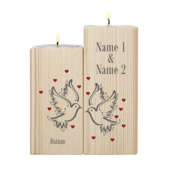 2er Set Teelichthalter aus Holz mit Tauben, Namen und Datum