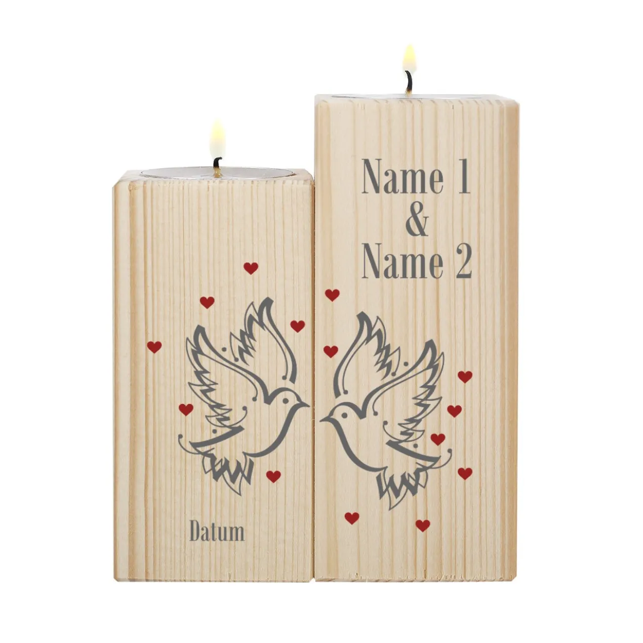 2er Set Teelichthalter aus Holz mit Tauben, Namen und Datum