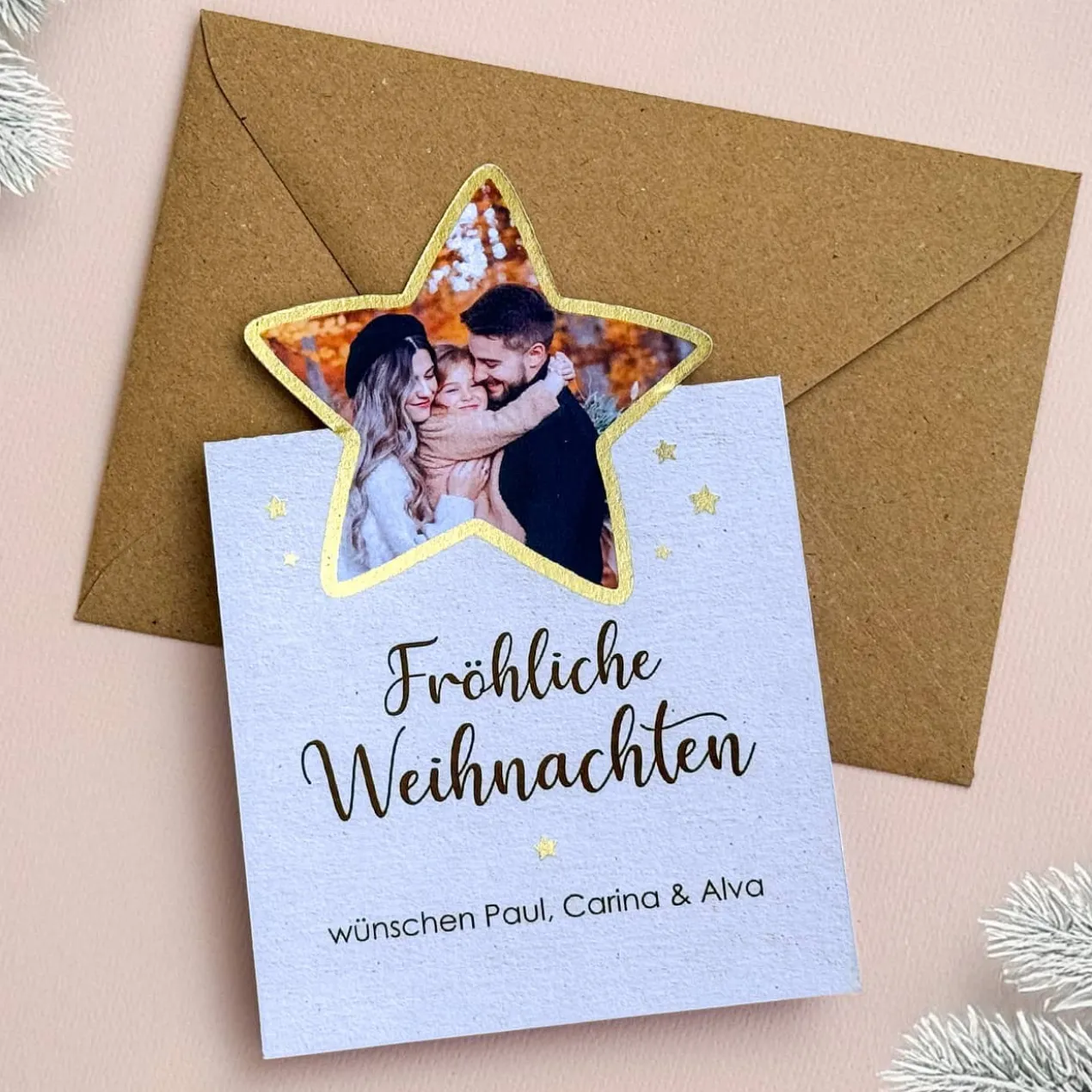 4er Set Weihnachtskarten mit Foto in goldenem Stern