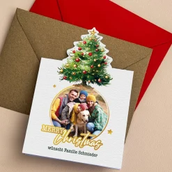 4er Set Weihnachtskarten mit geschmückter Tanne und Ihrem Foto
