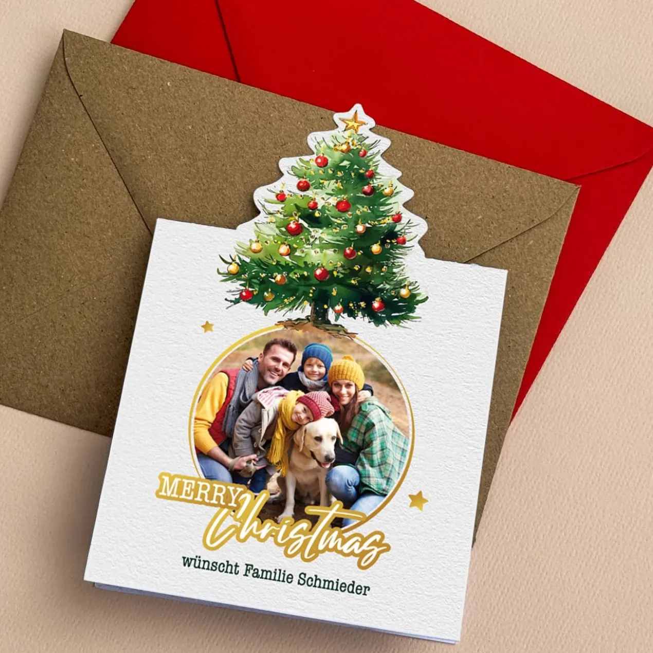 4er Set Weihnachtskarten mit geschmückter Tanne und Ihrem Foto