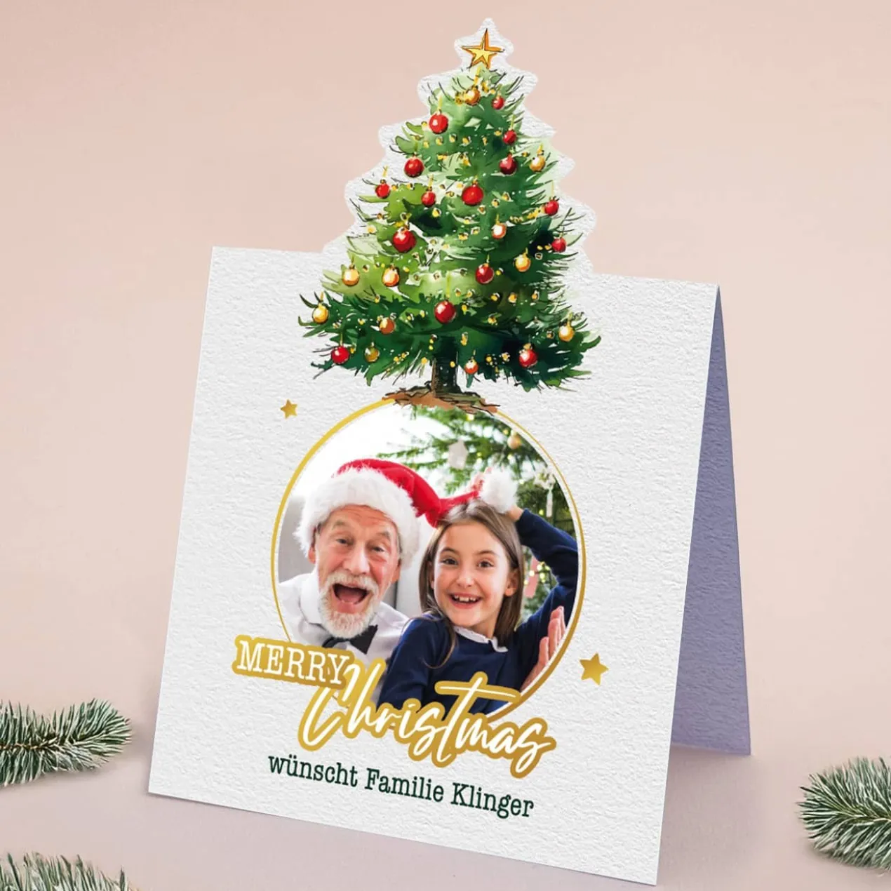 4er Set Weihnachtskarten mit geschmückter Tanne und Ihrem Foto