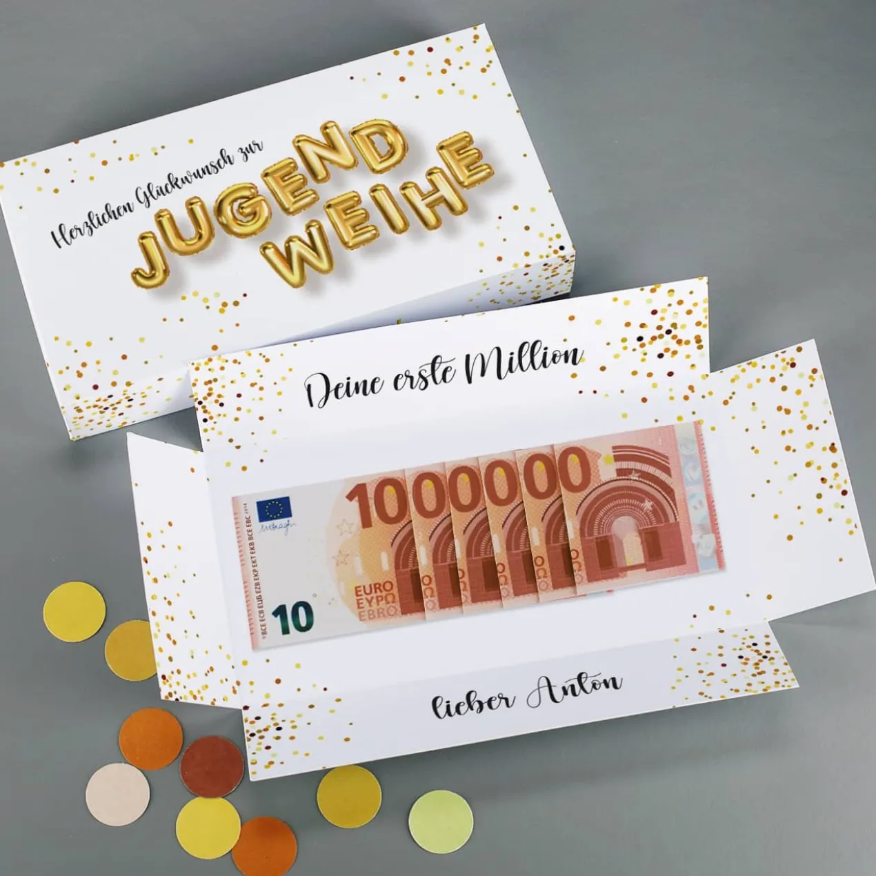 Erste Million - Geldgeschenk zur Jugendweihe, Explosionsbox mit Text