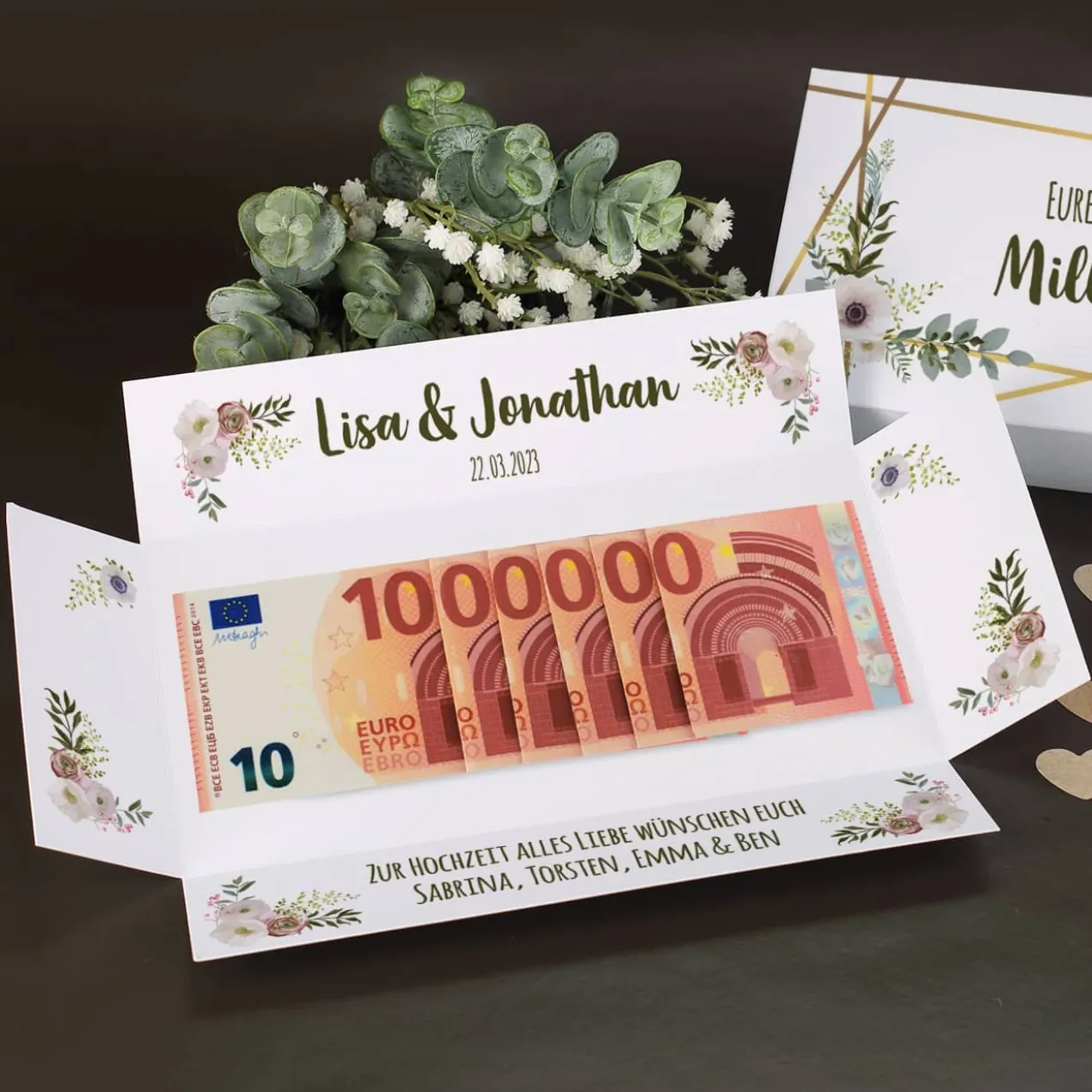 Erste Million - Verpackung für Geldgeschenke zur Hochzeit mit Namen, Datum & Text