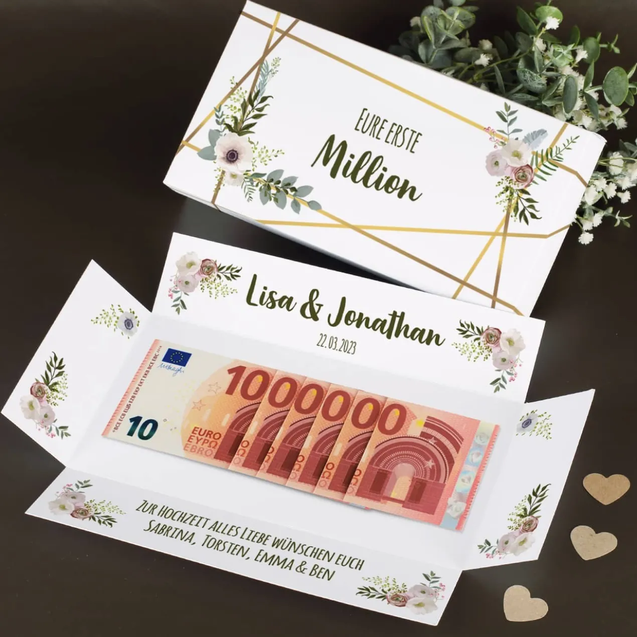 Erste Million - Verpackung für Geldgeschenke zur Hochzeit mit Namen, Datum & Text
