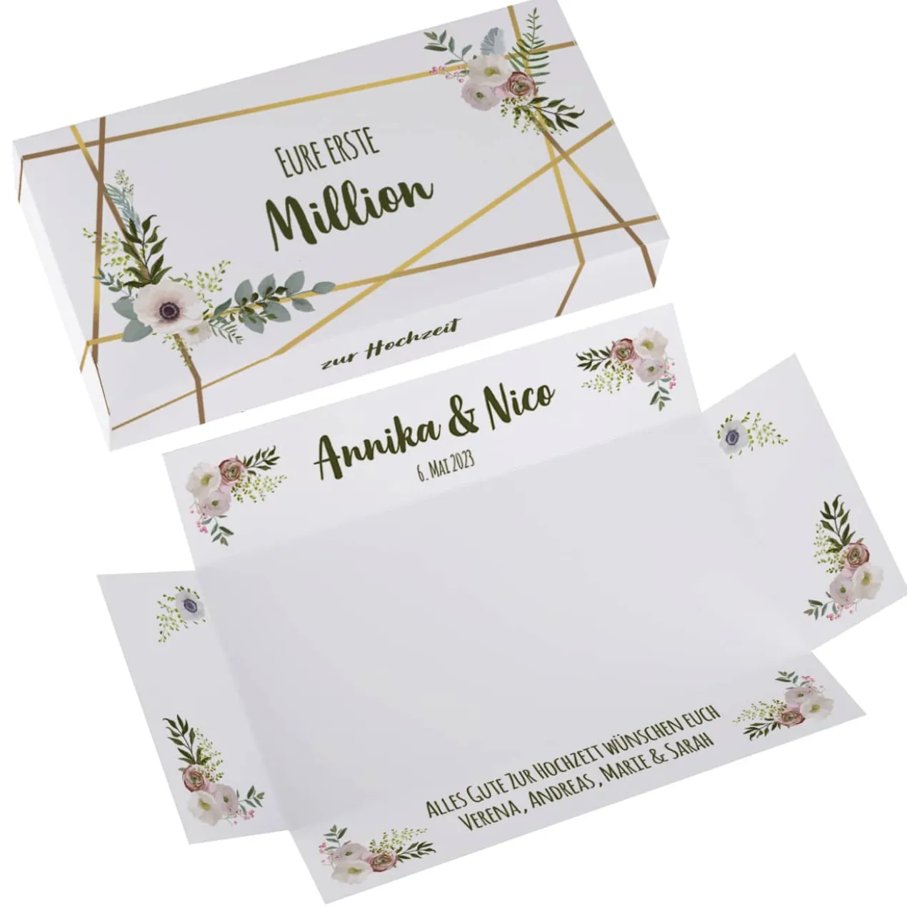Erste Million - Verpackung für Geldgeschenke zur Hochzeit mit Namen, Datum & Text