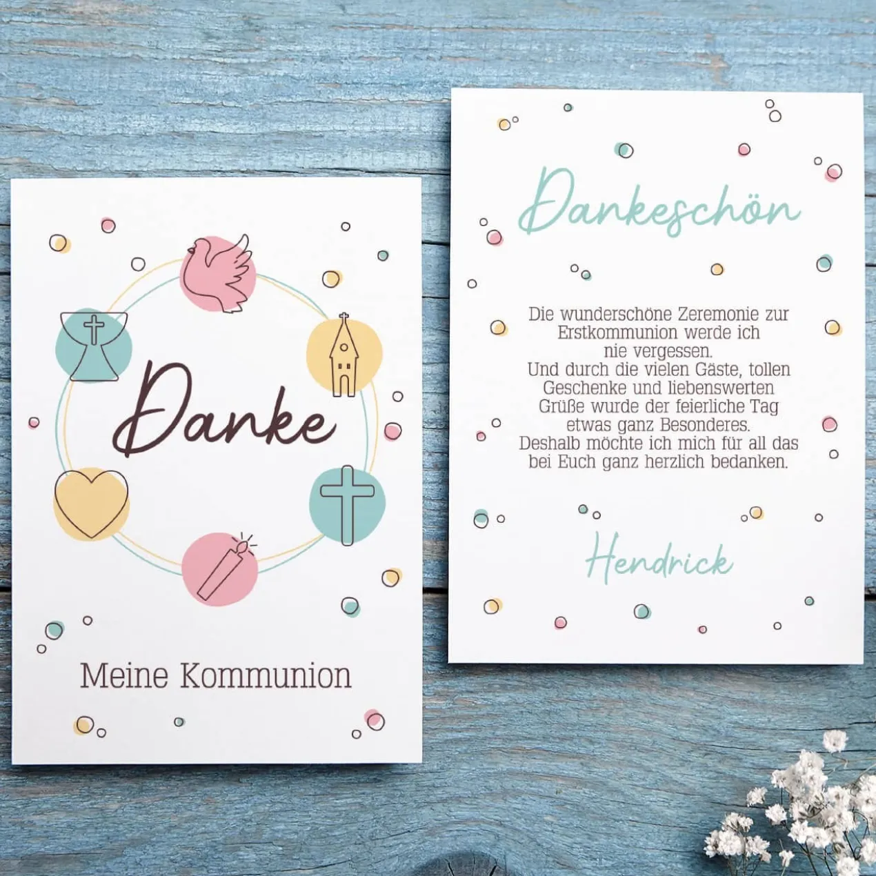 Farbenfrohe Dankeskarte zur Taufe, Kommunion oder Konfirmation