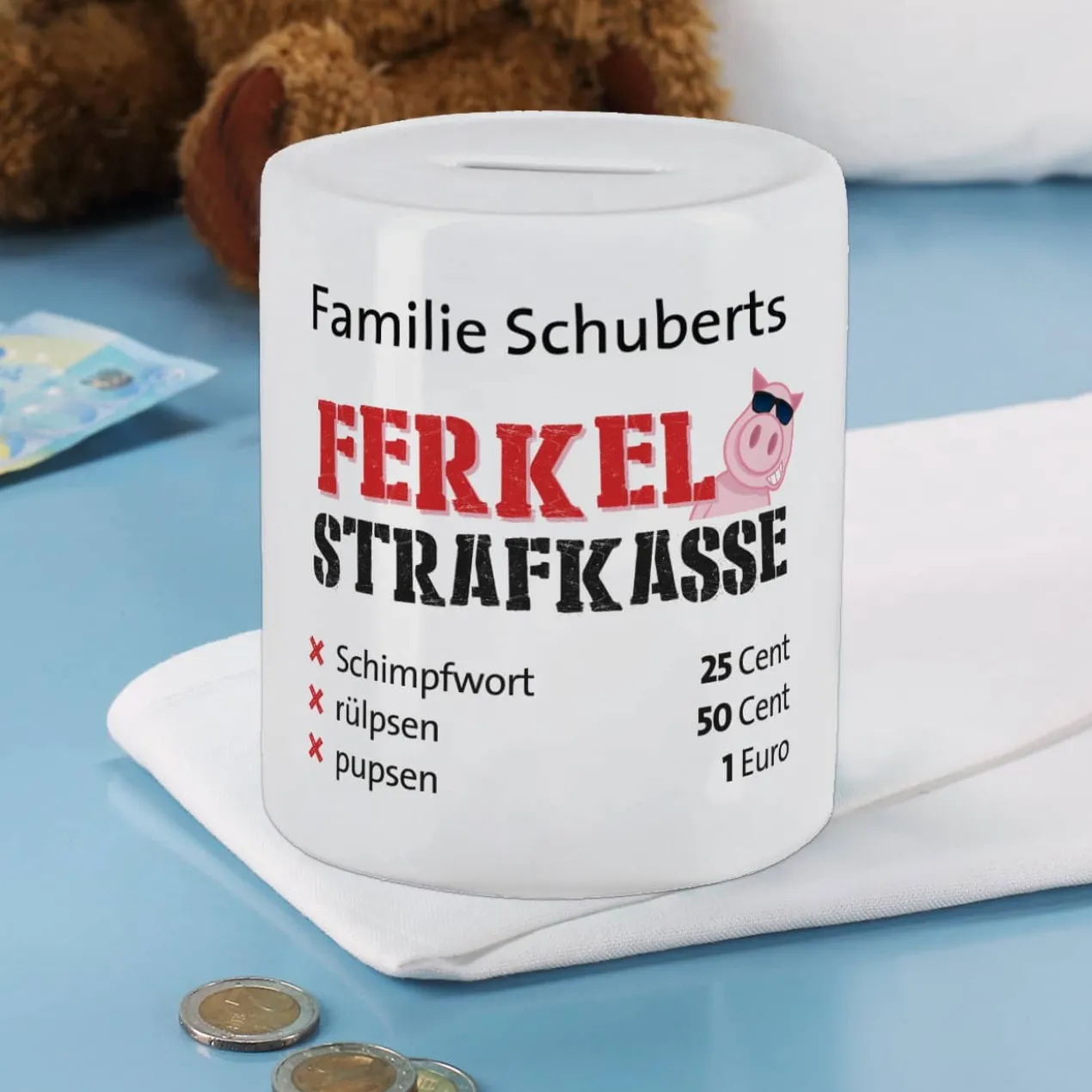 Ferkel - Strafkasse, Spardose mit Ihrem Wunschtext
