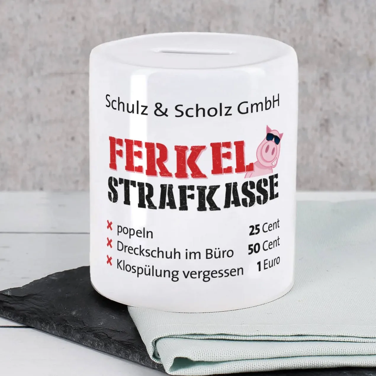 Ferkel - Strafkasse, Spardose mit Ihrem Wunschtext