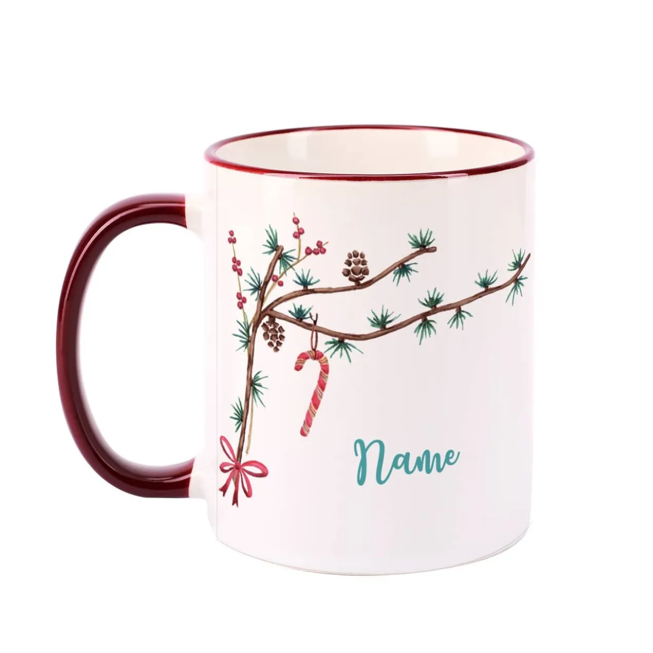 Festliche Weihnachtstasse mit Zweigen und Name