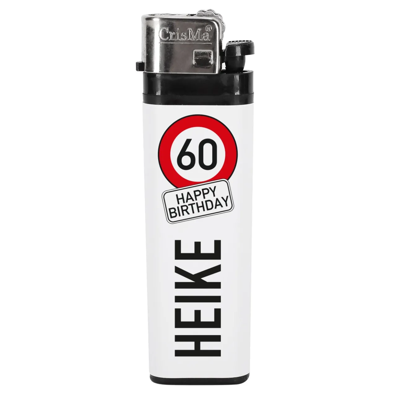 Feuerzeug mit Verkehrszeichen-Aufkleber und Name