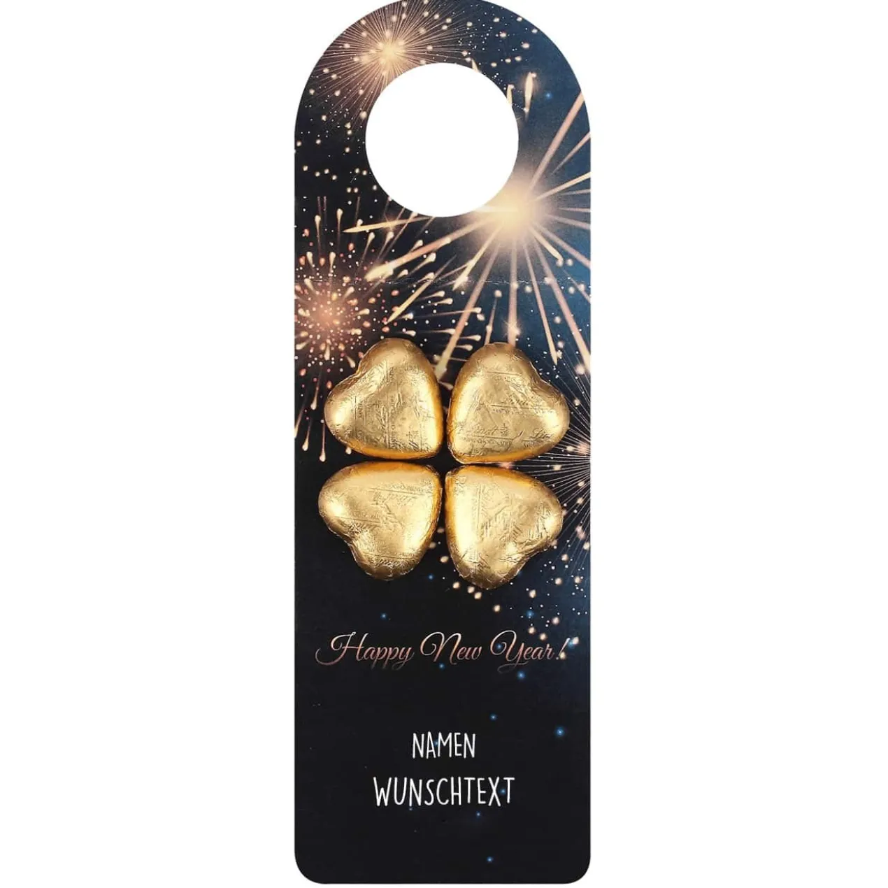 Flaschenanhänger mit Feuerwerk-Motiv, Lindt Schokolade, Name und Text