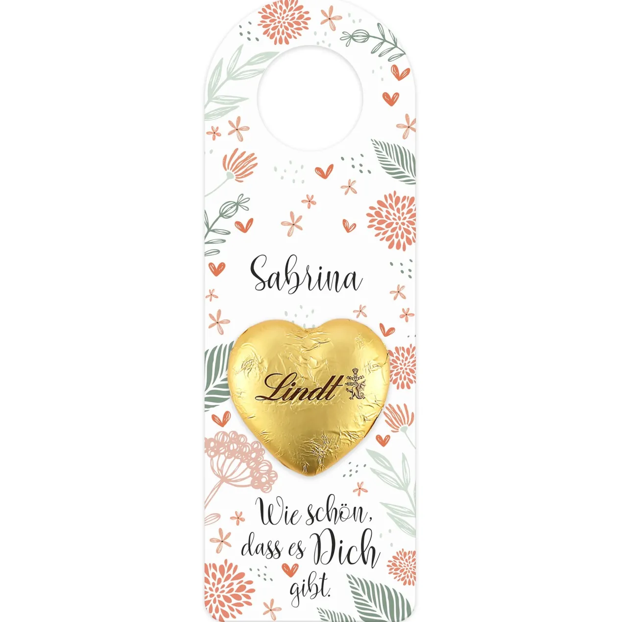 Flaschenanhänger mit Lindt Schokoladenherz personalisiert mit Name in 2 Größen | Wie schön, dass es dich gibt