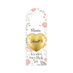 Flaschenanhänger mit Lindt Schokoladenherz personalisiert mit Name in 2 Größen | Wie schön, dass es dich gibt
