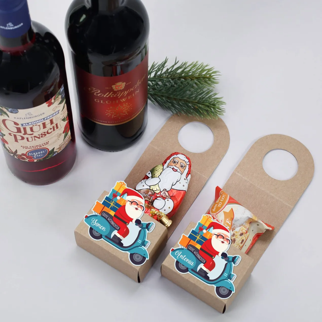 Flaschenanhänger mit Stollen oder Nikolaus zu Weihnachten