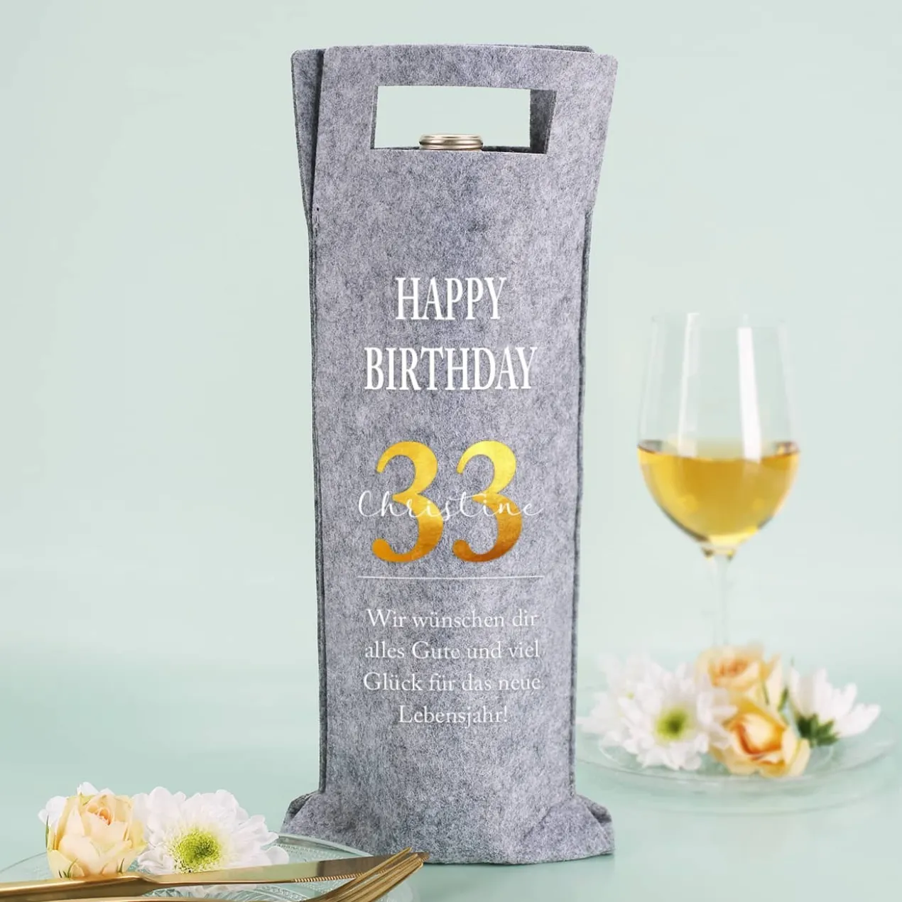 Flaschentasche aus Filz zum Geburtstag mit Name, Alter und Wunschtext