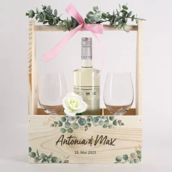 Flaschenträger aus Holz – Hochzeitsgeschenk mit Eukalyptus-Motiv