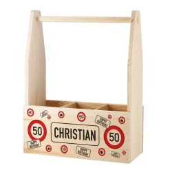 Flaschenträger aus Holz mit Verkehrszeichen, Alter & Name zum Geburtstag o. Jubiläum