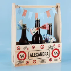 Flaschenträger aus Holz mit Verkehrszeichen, Alter & Name zum Geburtstag o. Jubiläum