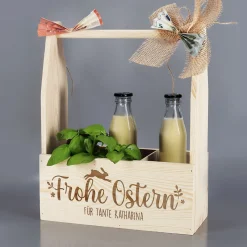 Flaschenträger aus Holz mit Wunschtext graviert | Frohe Ostern