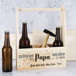 Flaschenträger aus Holz mit Wunschtext | Glück ist, einen Papa wie dich zu haben.