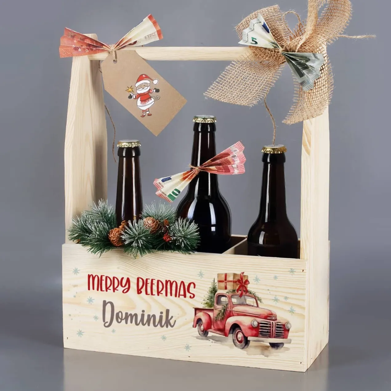 Flaschenträger aus Holz zu Weihnachten mit festlichem Pick-up & Wunschtext
