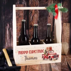 Flaschenträger aus Holz zu Weihnachten mit festlichem Pick-up & Wunschtext