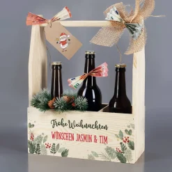 Flaschenträger mit Ihren zwei Texten als Geschenkverpackung zu Weihnachten