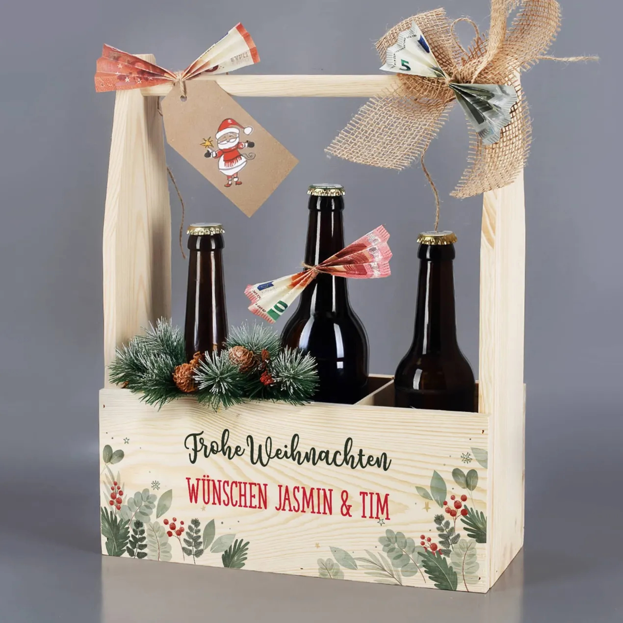 Flaschenträger mit Ihren zwei Texten als Geschenkverpackung zu Weihnachten