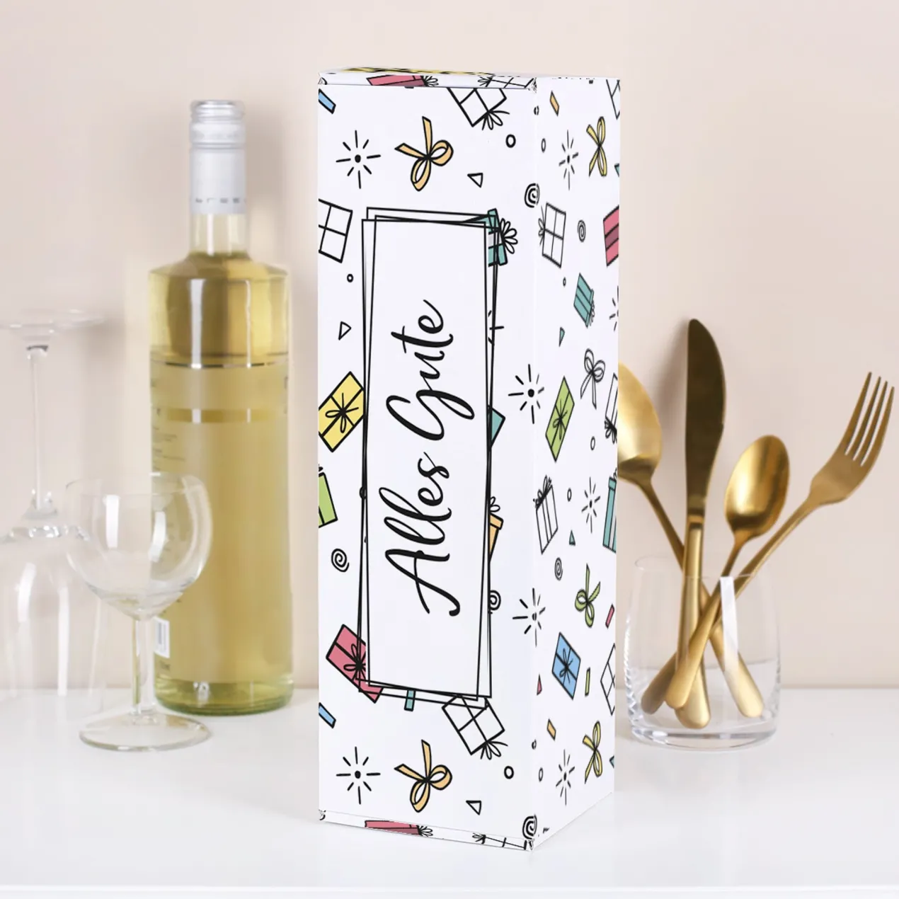 Flaschenverpackung 'Alles Gute' 34×11×10 cm | Geschenkbox mit bunten Geschenk-Motiven