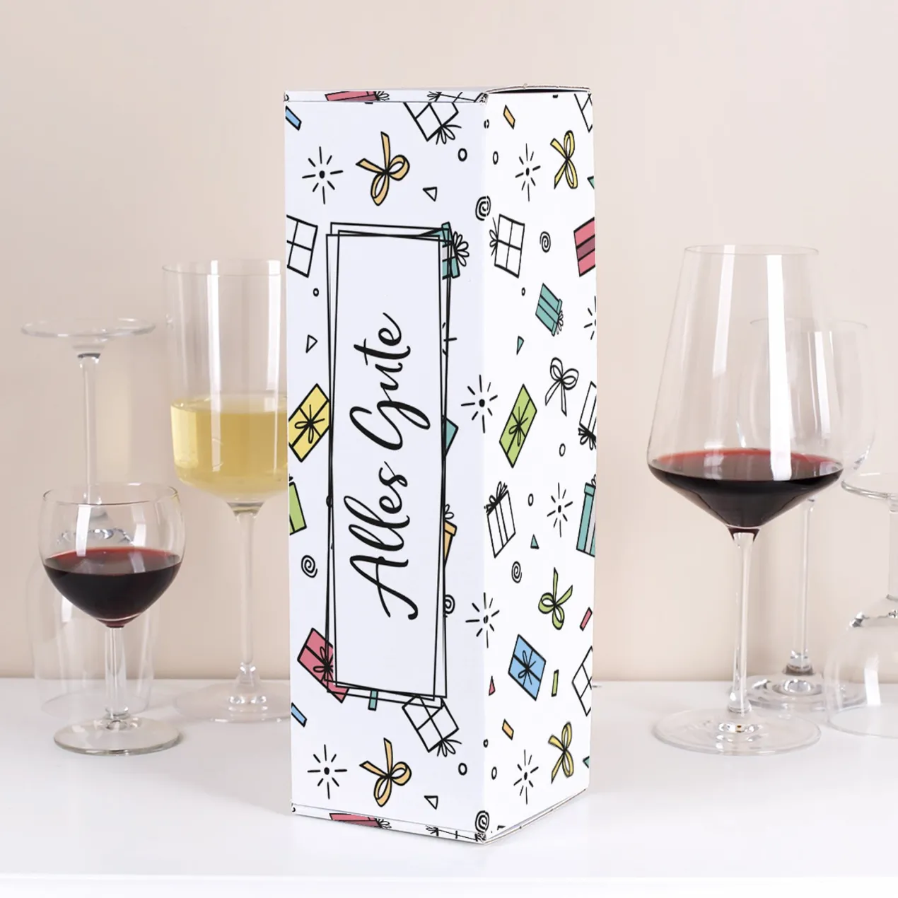 Flaschenverpackung 'Alles Gute' 34×11×10 cm | Geschenkbox mit bunten Geschenk-Motiven