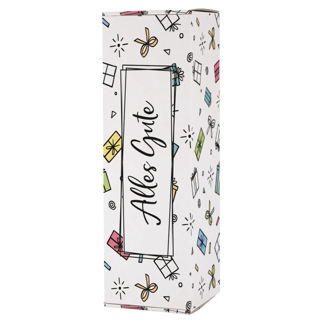 Flaschenverpackung 'Alles Gute' 34×11×10 cm | Geschenkbox mit bunten Geschenk-Motiven
