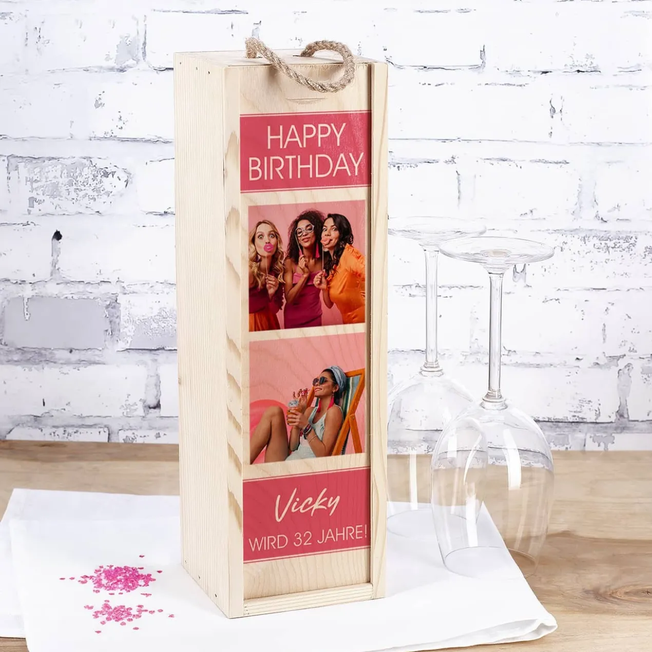 Flaschenverpackung mit Fotomotiv zum Geburtstag
