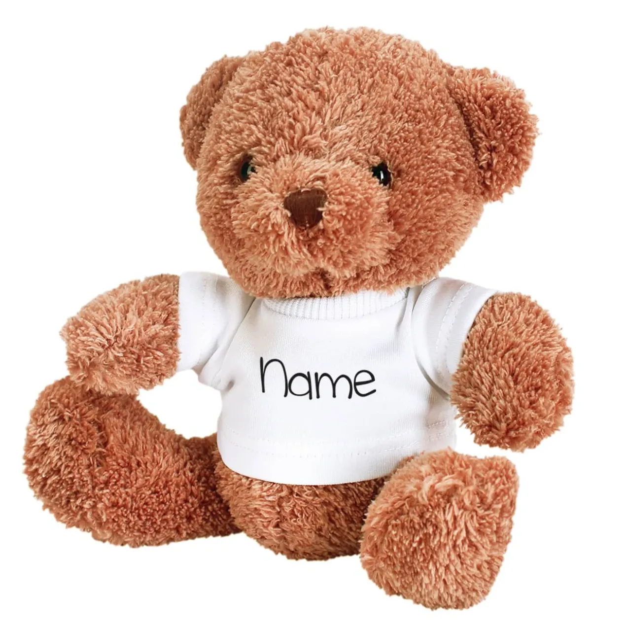 Flauschiger Kuschelbär mit Name auf weißem T-Shirt