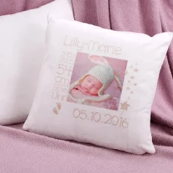 Flauschiges Fotokissen zur Geburt mit Ihren Angaben
