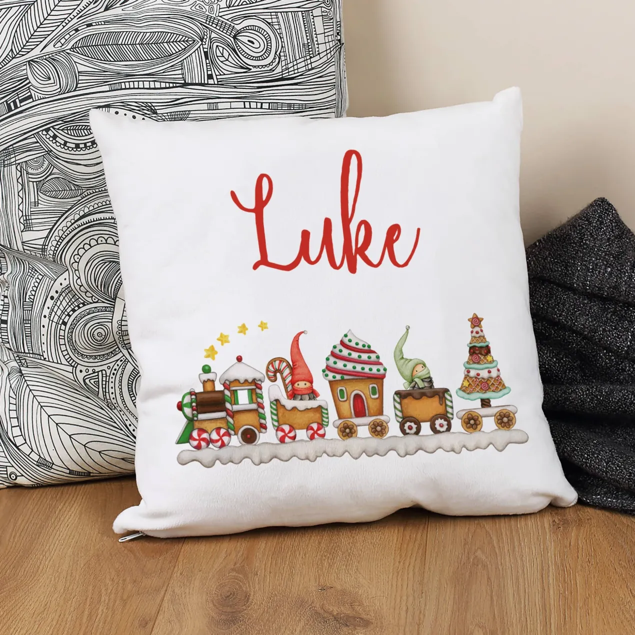 Flauschiges Kissen - Wichtel Weihnachtszug - mit Name zu Weihnachten