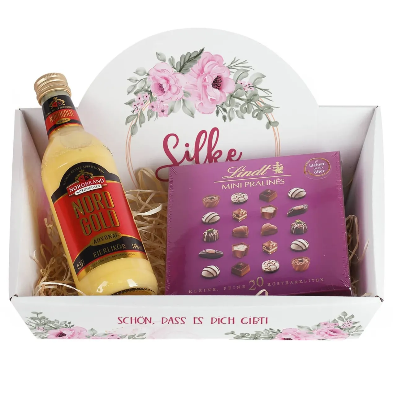 Floraler Geschenkkorb zum Muttertag oder Geburtstag mit verschiedenen Füllungen