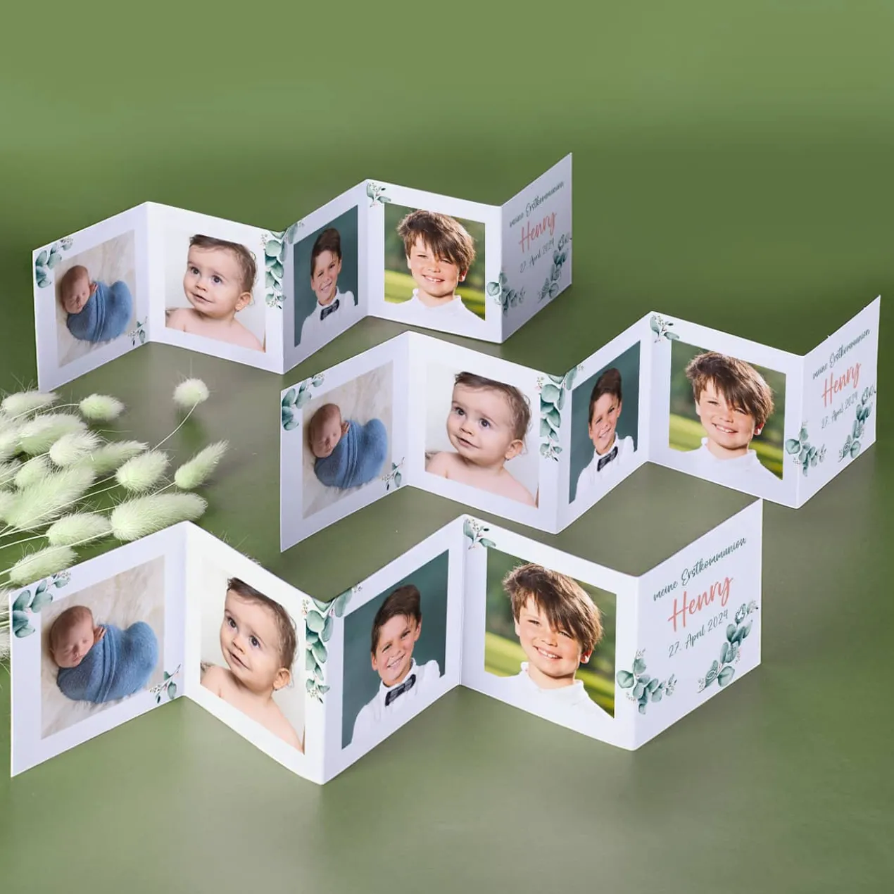3 Fotoaufsteller mit Eukalyptusmotiv, Name, Datum & Wunschtext