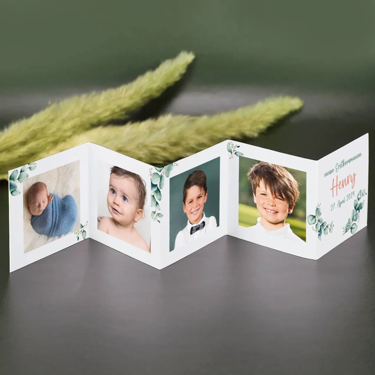 3 Fotoaufsteller mit Eukalyptusmotiv, Name, Datum & Wunschtext