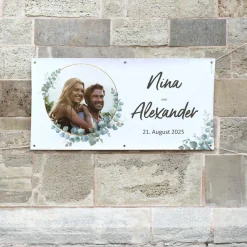 Foto-Banner zur Hochzeit mit Namen, Datum und Eukalyptus-Motiv 160x80cm