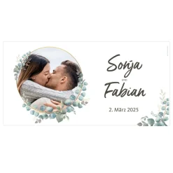 Foto-Banner zur Hochzeit mit Namen, Datum und Eukalyptus-Motiv 160x80cm