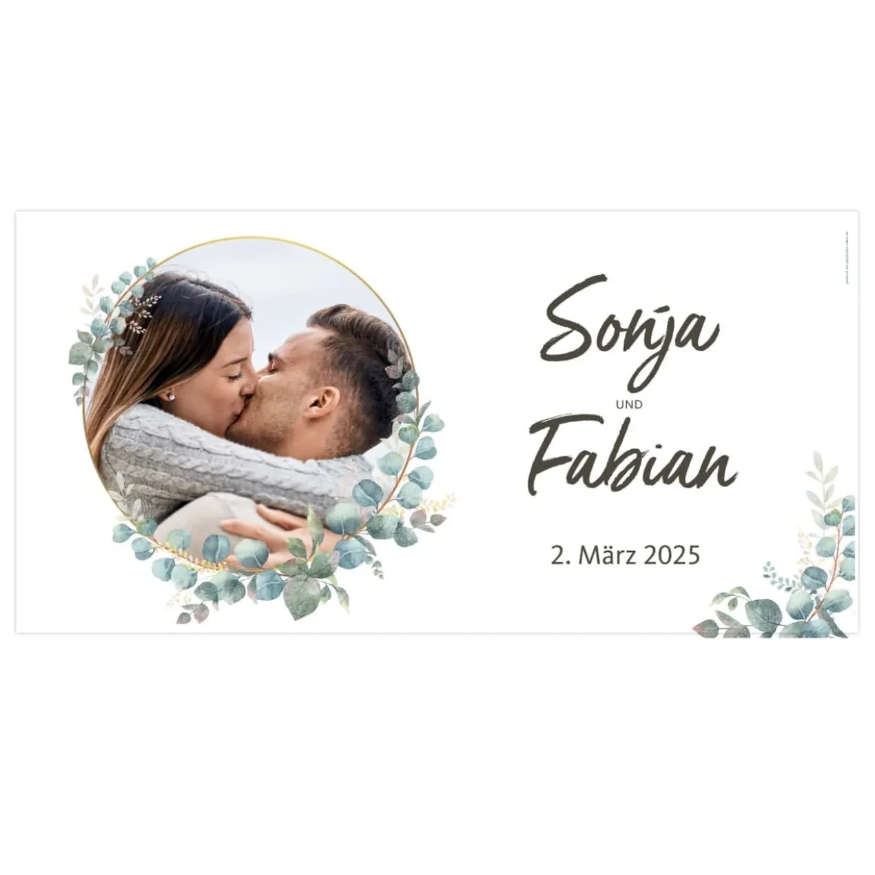 Foto-Banner zur Hochzeit mit Namen, Datum und Eukalyptus-Motiv 160x80cm