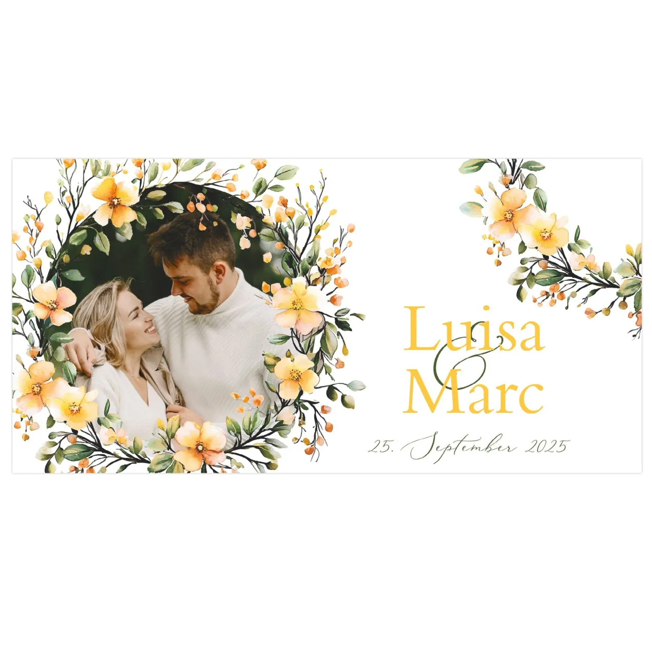 Foto-Banner zur Hochzeit mit Namen, Datum und Blumen-Motiv 160x80cm