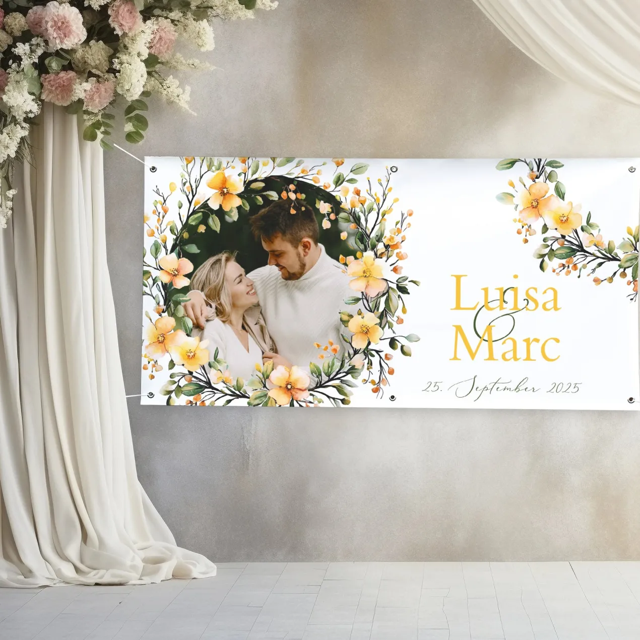 Foto-Banner zur Hochzeit mit Namen, Datum und Blumen-Motiv 160x80cm