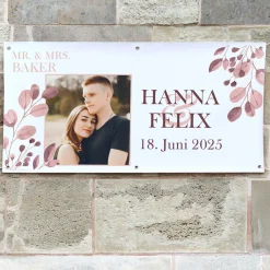 Foto-Banner zur Hochzeit mit Namen, Datum und Blatt-Motiv 160x80cm
