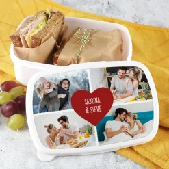 Foto Brotdose mit 4 Bildern bedruckt und Herzmotiv mit Wunschtext